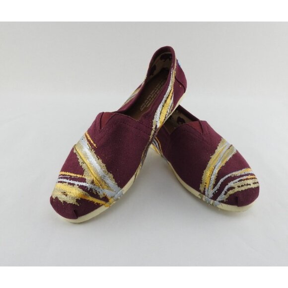 TOMS Women’s Alpargata Slip On Shoes Maroon Gold Silver Paint Stripe Canvas 7.5 - Picture 1 of 8